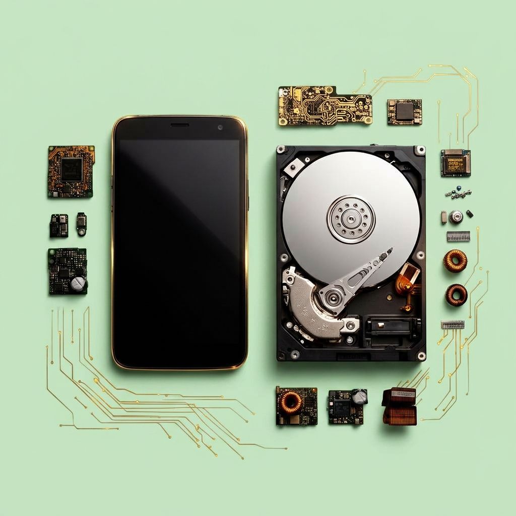 Desmontagem técnica de smartphone e HD com componentes eletrônicos contendo terras-raras como neodímio